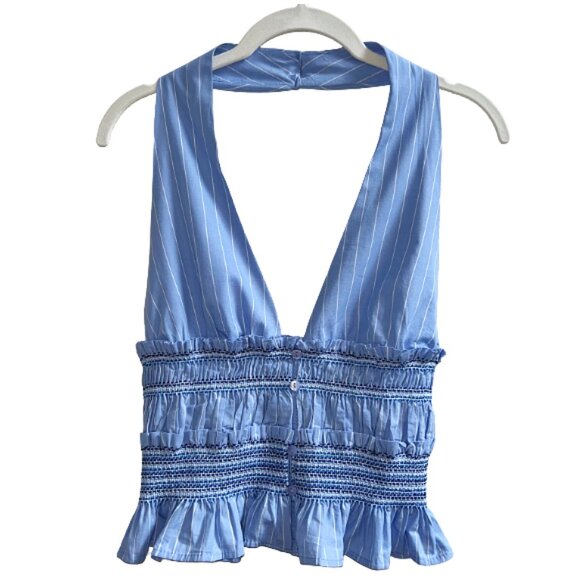 Zara Striped Poplin Halter Top Blue White Smocked Ruffle Hem Sleeveless Size S - Picture 1 of 11